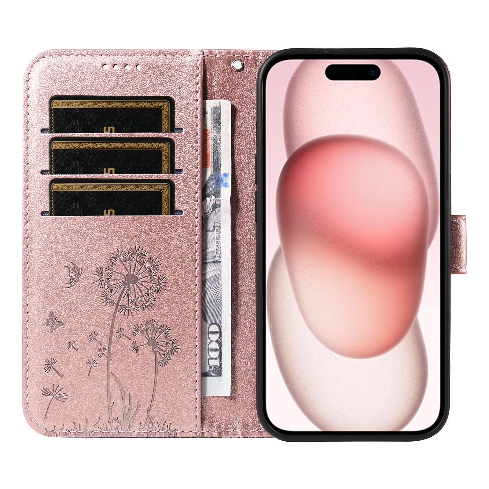 

Для iPhone 15 шкіряний чохол гаманець телефон кришка Кульбаба відбиток Rose Gold