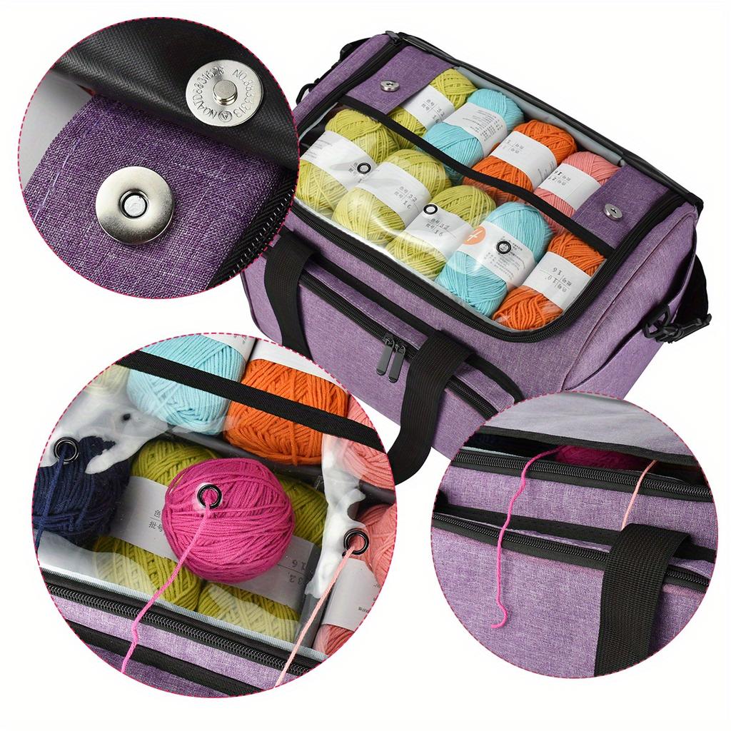 Large Capacity Yarn Knitted Tote Bag Multi-Pocket Crochet Accessory Organizer with Nylon Shoulder Straps for Home Travel