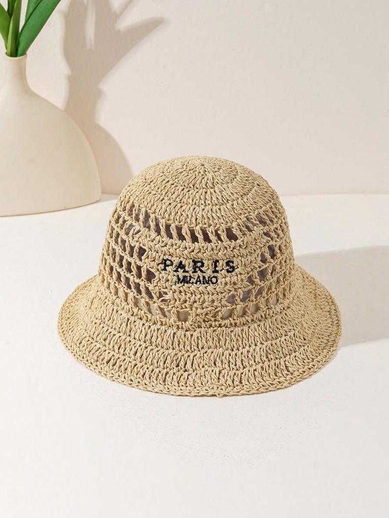 Women's Fashionable Bohemian Beach Resort Inverted Triangle Letter Embroidery Handmade Crocheted Straw Hat