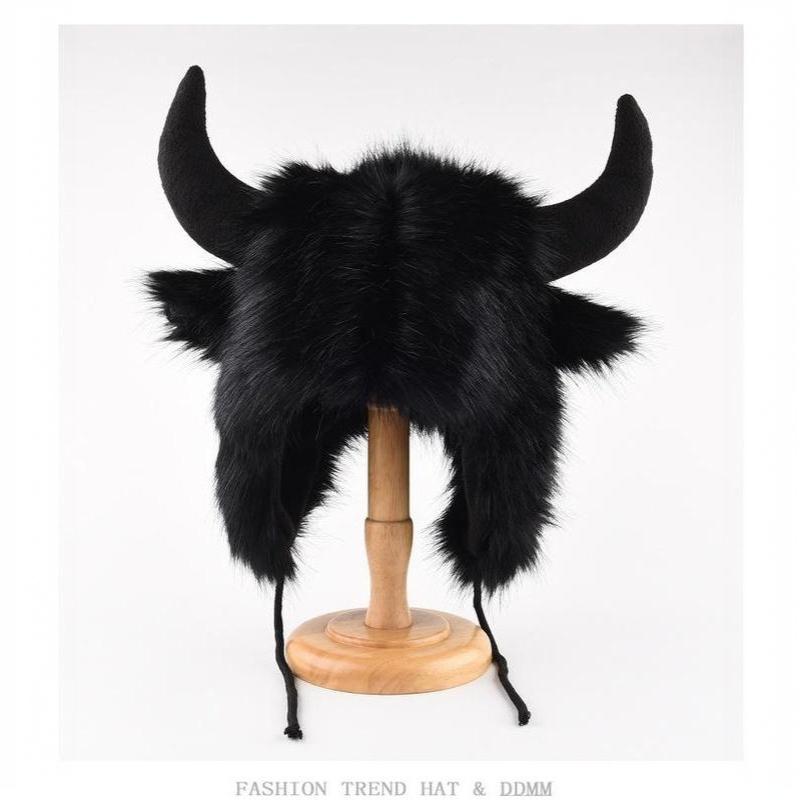 Sombrero Unisex de Búfalo Bisonte Peludo con Cuernos Grueso Cortavientos Cálido Divertido para Regalos de Vacaciones Invierno Uso Diario
