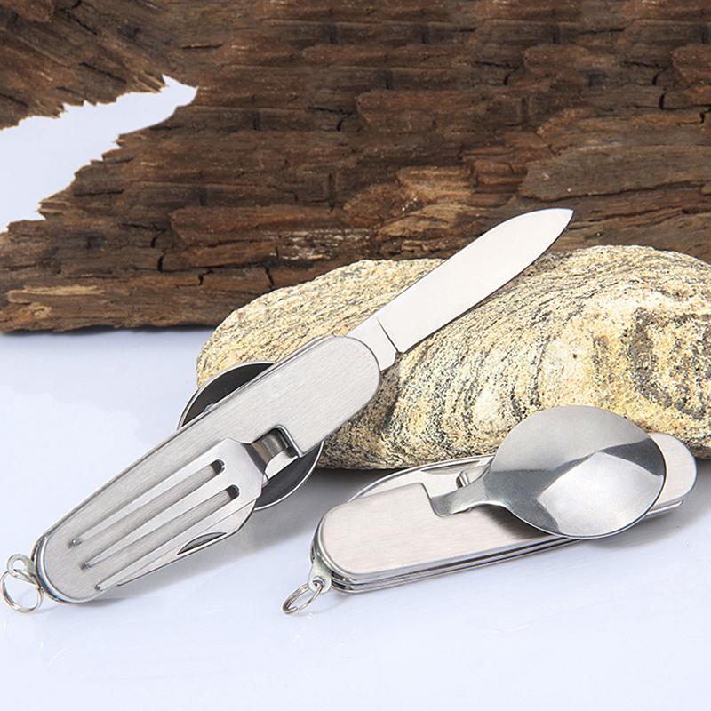 Multi-Functional Camping Cutlery Set Stainless Steel Folding Fork Spoon Knife Opener Detachable Tableware Travel Picnic Utensils