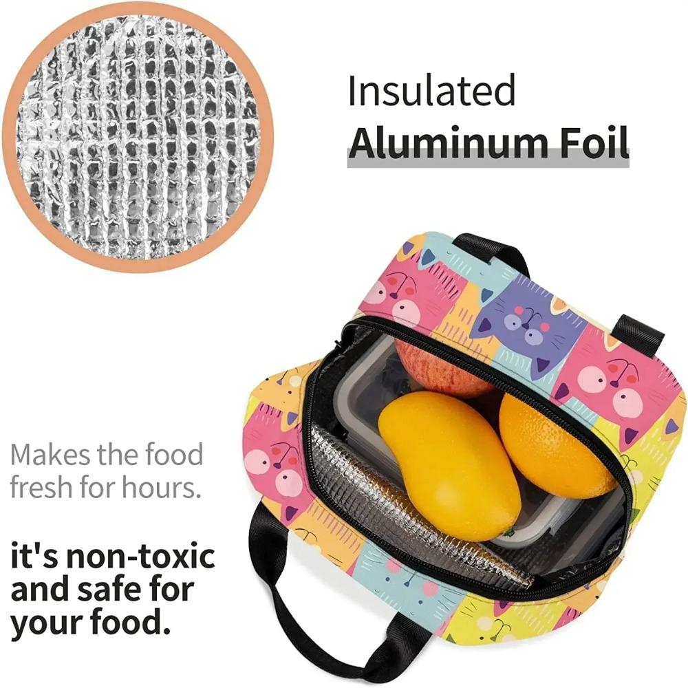 Colorful Cute Cat Printed Lunch Bags For Women Portable Cooler Tote Bag Large Reusable Insulated Lunch Box For Travel Work