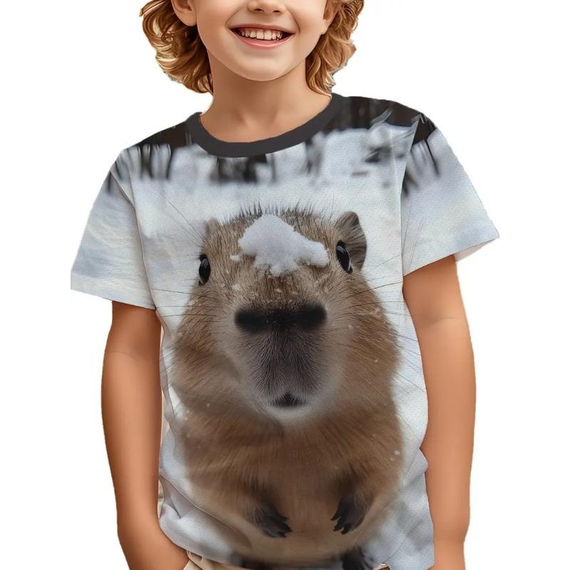 Nowa Koszulka z Krótkim Rękawem ze Zwierzętami Śliczny Nadruk ze Wzorem Kapibary Szybkoschnąca Koszulka z Okrągłym Dekoltem Casualowa Koszulka z Kreskówką dla Dzieci