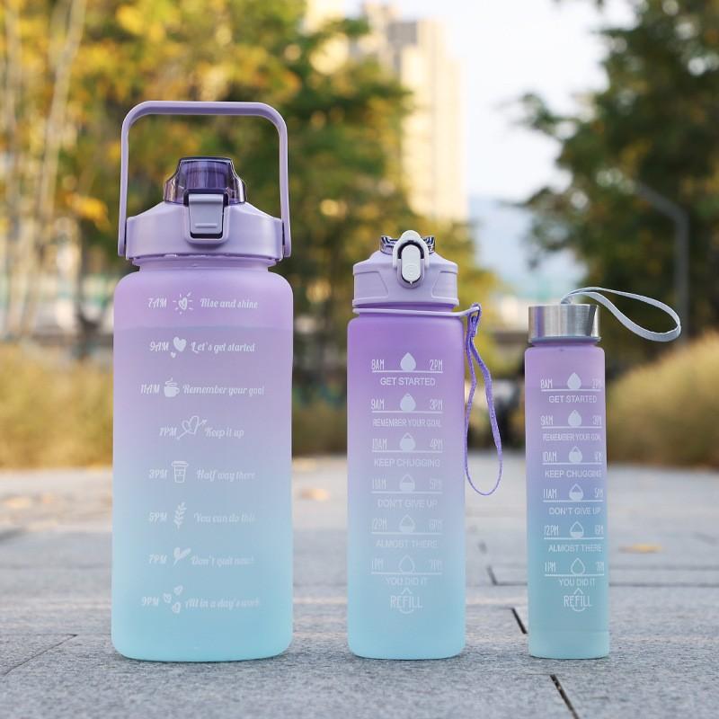 

2L with Time Graduated Space Cup Water Bottle High Capacity 3-Piece Set Portable Handheld Plastic Cups Outdoor Travel Gym Bottle 300ml 750ml 2L