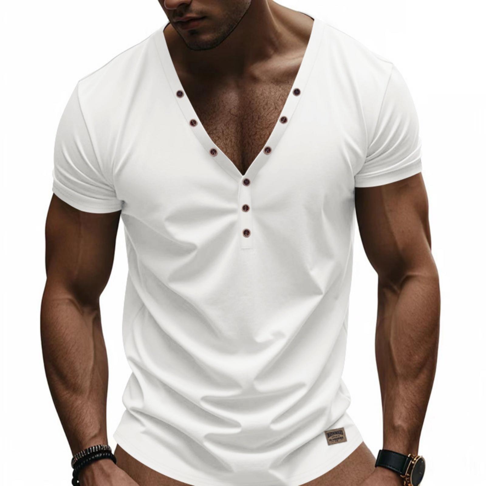 

Men s New Slim-fit Trendy Deep V-neck Multi-button Short-sleeve T-shir XL білий