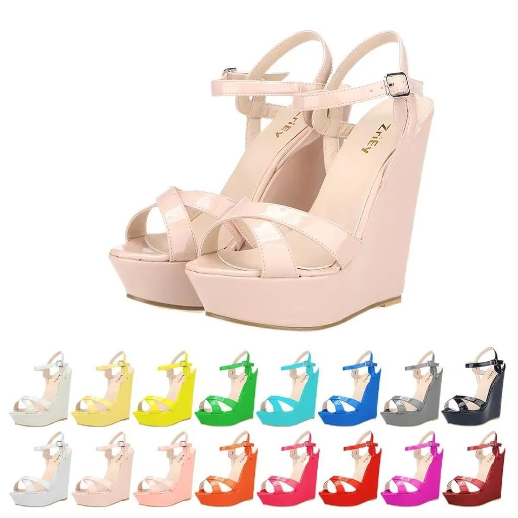 Offene Zehenpartie Knöchelriemen Plateau Keilabsatz Damen Sandalen 14cm Super Hohe Absätze Gladiator Damen Schuhe