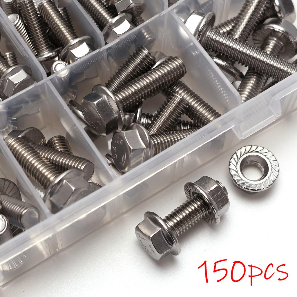 150pcs Stainless Steel 304 Metric Flange Hex Nuts, Flange Bolts and Nut Kit, M5 M6 M8 Including 14 Common Sizes, Fully Threaded.