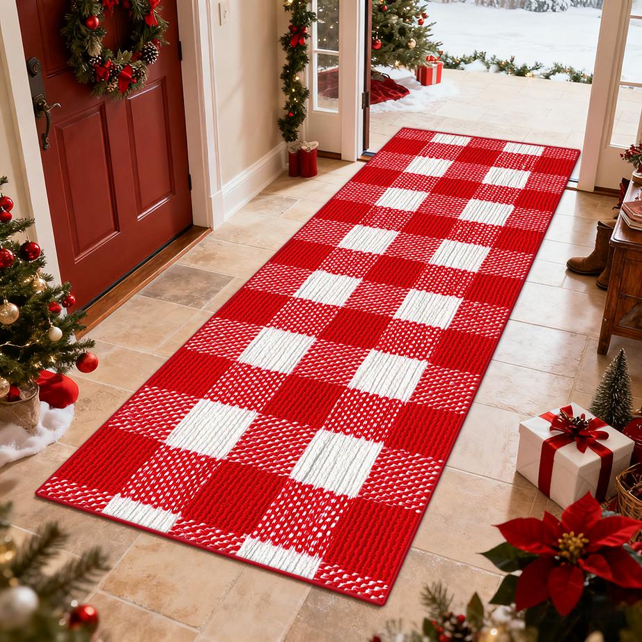 

Red Plaid Christmas Runner Rugs Home Decoration Doorway Long Corridor Carpet Customizable Bedroom Easy Clean Foot Mat Non-slip 90x200cm