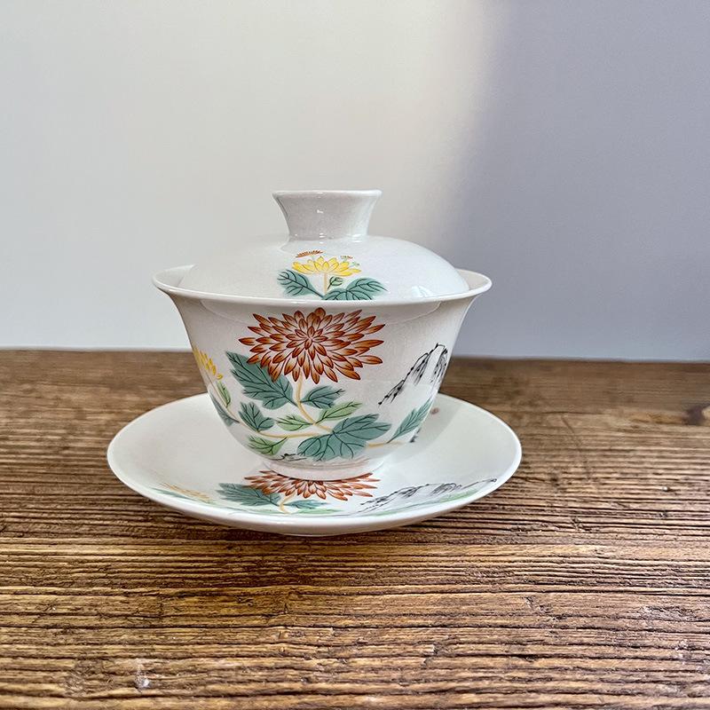 

Handmade Grass Ash Glazed Tea Set Chinese Antique Style Ceramic Kungfu Tea Cup with Lid 101-200ml