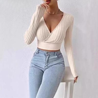 Dámske Jesenné Nové Krátke Pikantné Hlboký V-výstrih Slim Sexy Pletené Modely s Dlhým Rukávom