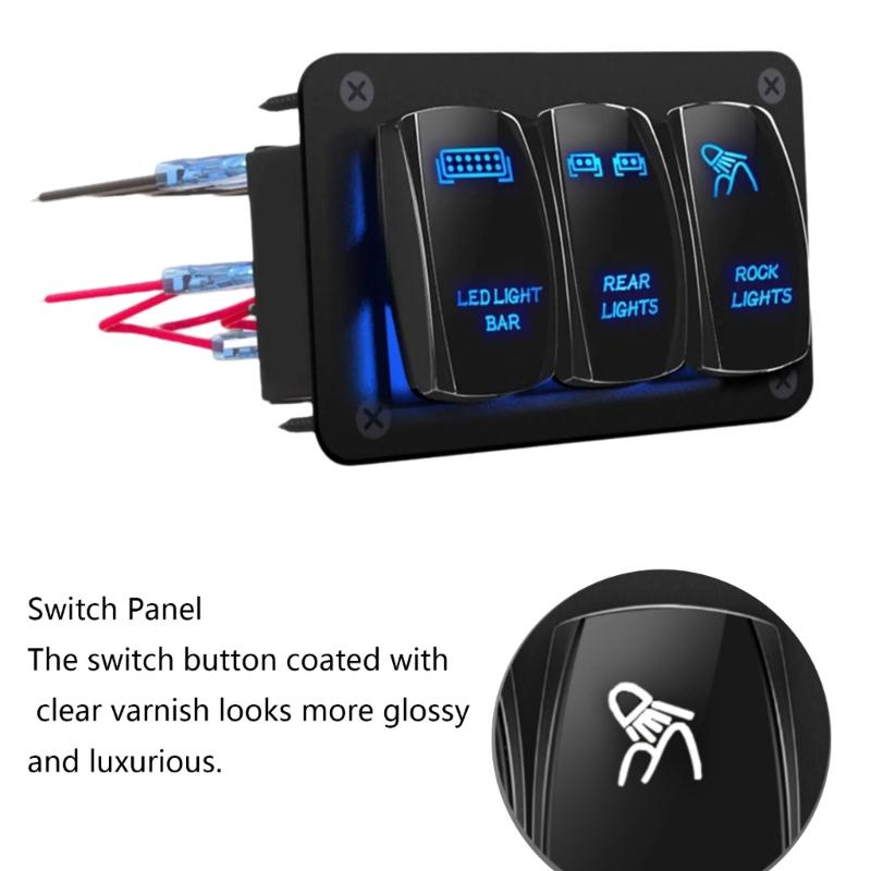 3 Gang Rocker Switches Panel 12V 24V Blue LED Light Toggle Switches LED Light Bar Switches Panel for Marine Automotive