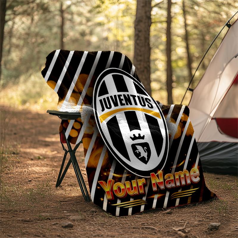 1pc Personalized Name Juventus Theme Blanket - Digital Print, Polyester, Cozy for All Seasons, Perfect for Outdoor, and Travel