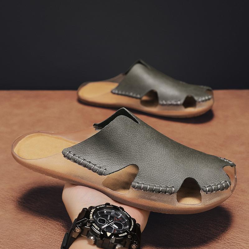 TUINANLE Hausschuhe Herren Lässig Einfach Leder Sandalen Sommer Hohe Qualität Bequem Rutschfest Mules Sandalen für Herren