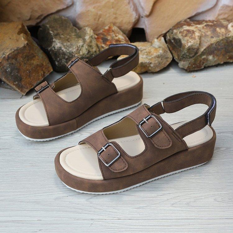 Large size thick-soled one-word double-breasted with sandals, summer new comfortable Velcro women's shoes