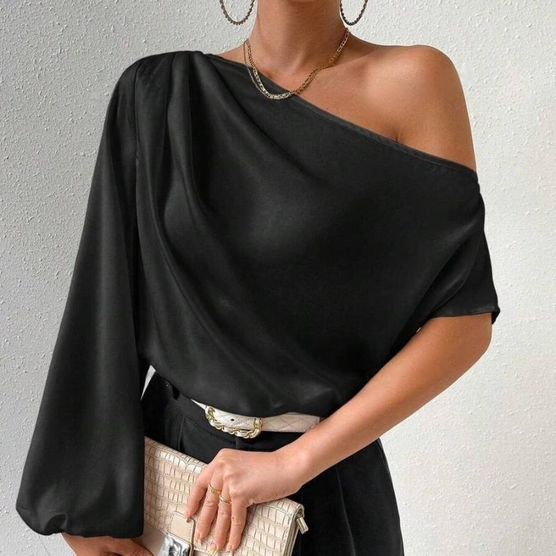 Sexy Elegant Skew Collar Long Sleeve Casual Blouses Women Fashion Off Shoulder Temperament Women's Shirts Tops Solid Simple Slim Fit Lady Blouse 26399