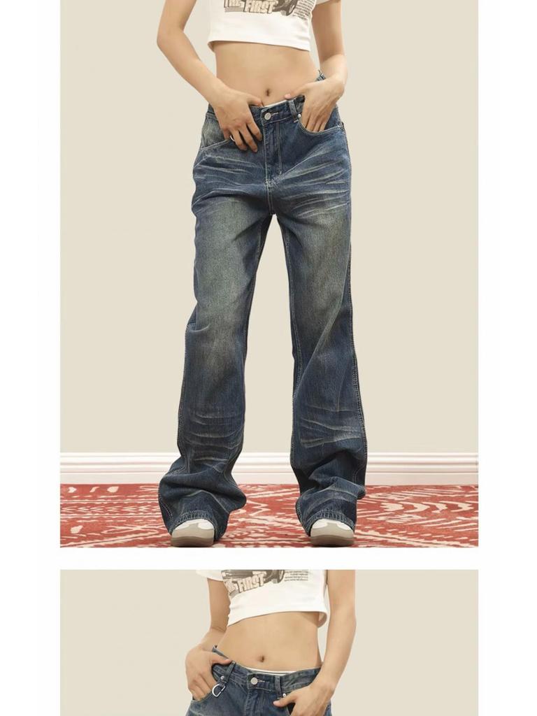 Unisex High-Street Retro Distressed Straight-Leg Jeans