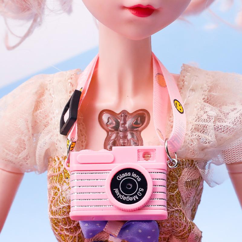 Smiling Plush Toy Dog with Webbing Strap and Sounding Cartoon Camera Pendant Necklace