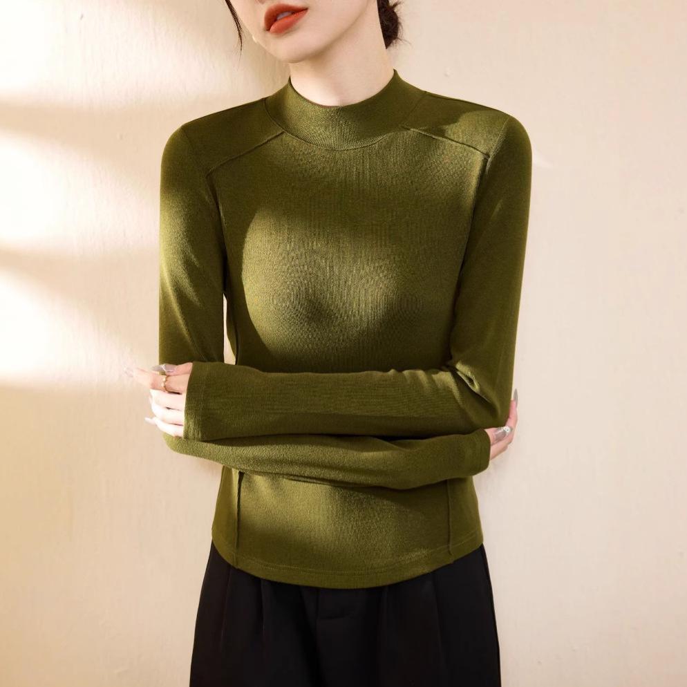 Women's Wool Blend Shirt with Half-High Collar & Long Sleeves - 2024 Autumn/Winter Style, Versatile for Layering