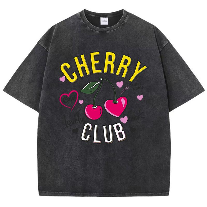 Street Damen Washed T-Shirts Cherry Club Niedliche Cartoons Print Tees Bequeme Distressed Baumwolle Oversize Oberteile Kleidung