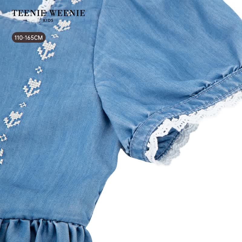 Teenie Weenie Kids Girls' Square Neck Puff Sleeve Denim Dress