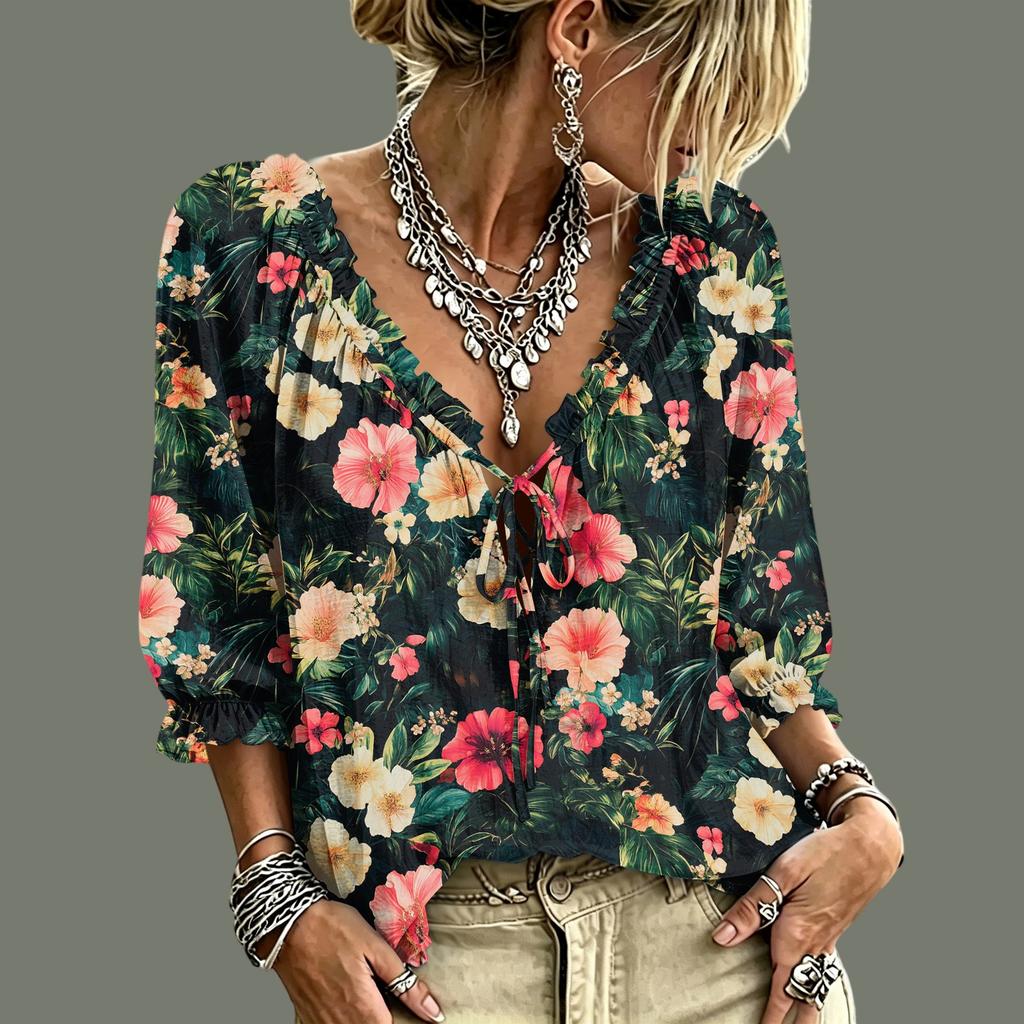 Women's Casual V-Neck Printed Tie Ruffle Blouse for Everyday Wear