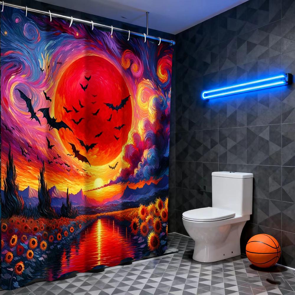 Sunflower Pattern Shower Curtain, Bathroom Shower Waterproof Curtain with 12 Hooks, Fish Shaped Home Decoration, Free Delivery