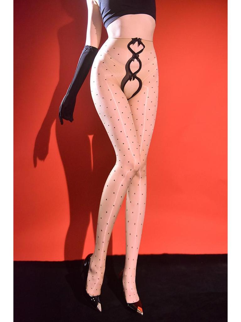 5D Aurora Polka Dot Black Silk Pantyhose: Ultra-thin, Skin-friendly, Sunscreen, Summer Sexy Open Crotch, Footed Stockings.