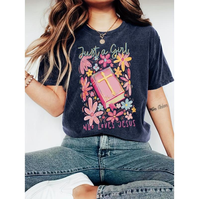

European size [Jesus Floral T-Shirt] Just a Who Loves Jesus - Christian Faith T-Shirt for Women, Casual Short Sleeve Tee with Floral Designs 4XL чорний