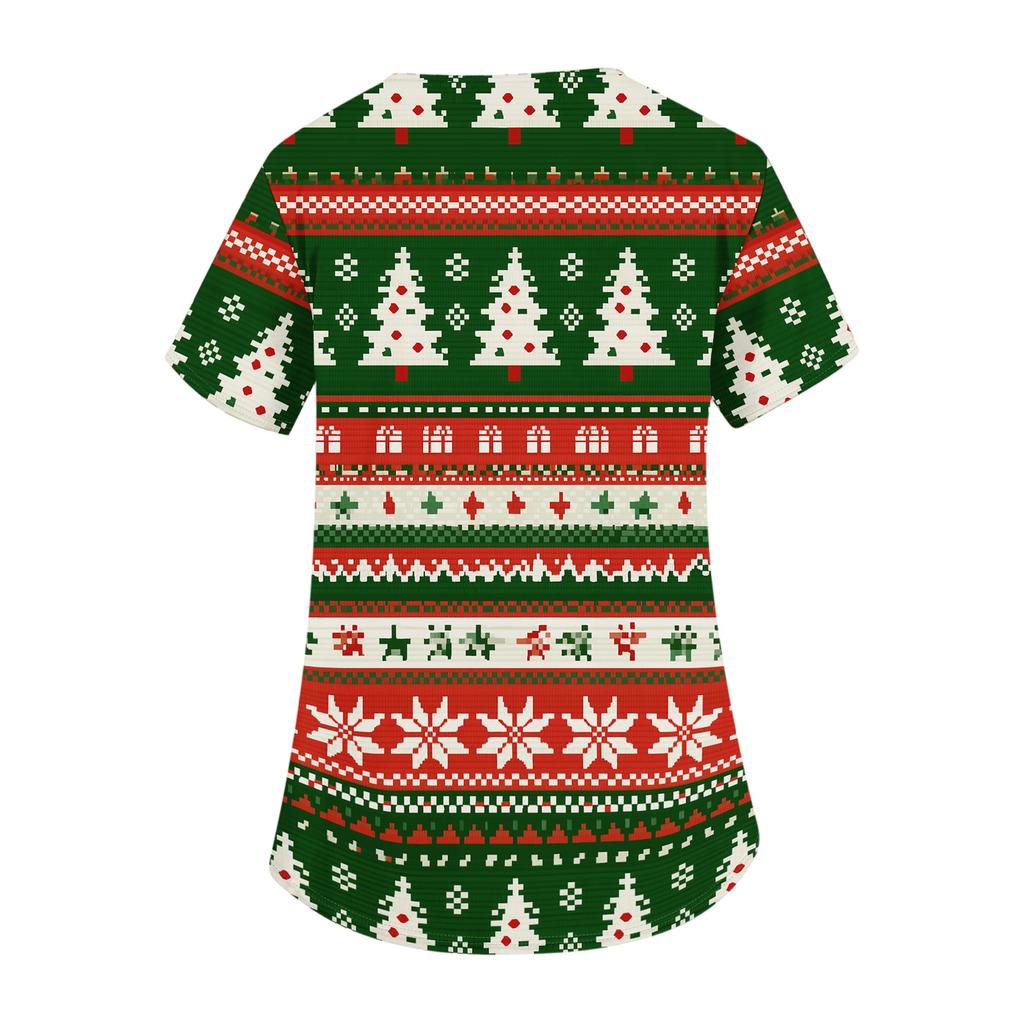 Women's V-Neck Short Sleeve Christmas Print Work Tunic Top with Pockets and Side Slits