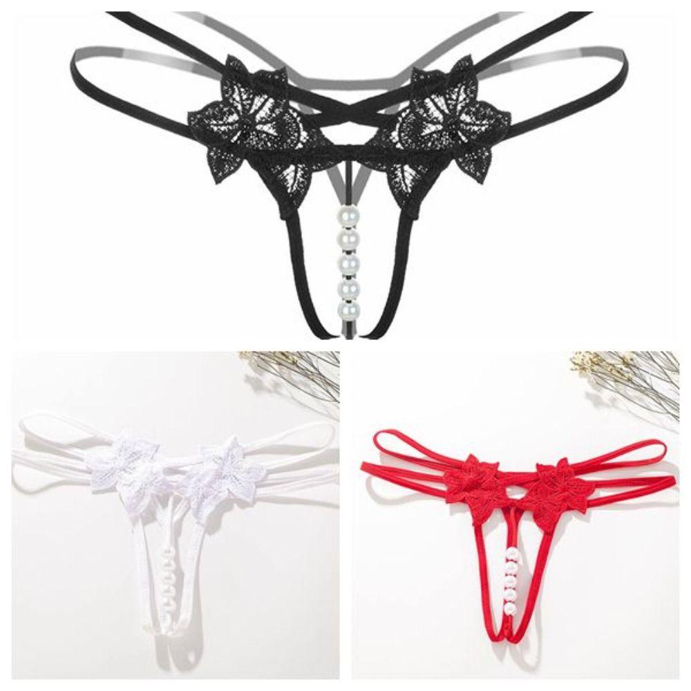 Hollow-out Women's Thong Low-waist Mesh Lace Briefs Breathable Pearl Lace Underwear Female