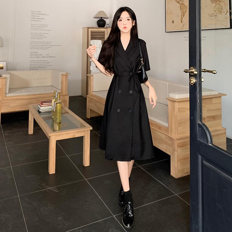 

Women s Summer Lapel Suit Dress: Short Sleeve, Double Breasted, Tie Waist, Solid Color, Slimming Mid-Length XL Premium