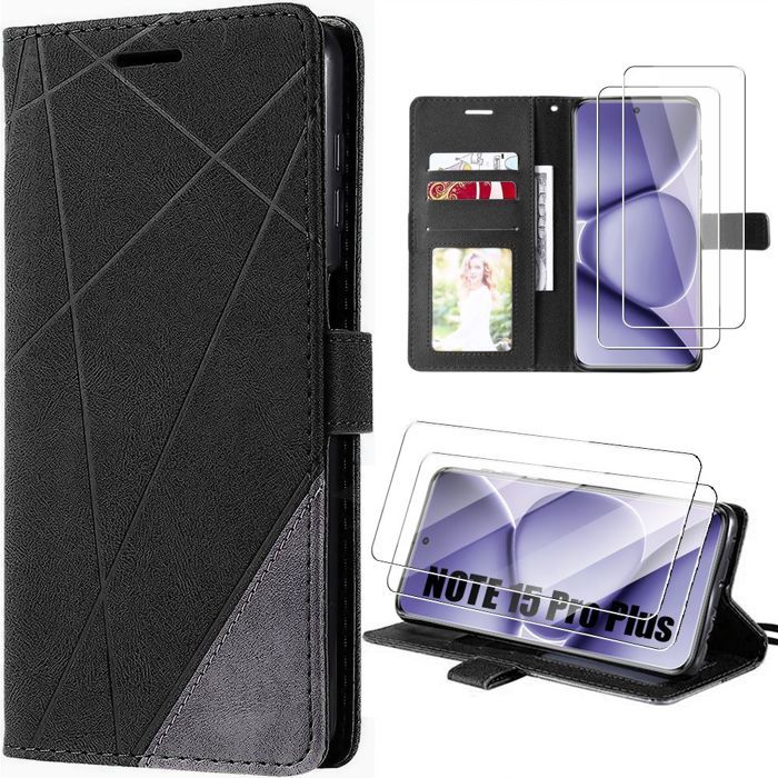 Coque + 2 Verres Trempés pour Xiaomi Redmi Note 15 Pro Plus 5G, Cuir PU Antichoc Anti-Rayures Noir