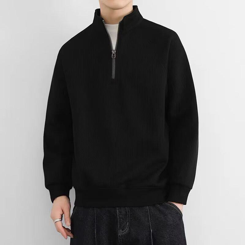 Men's American Style Half-Zip Stand Collar Knit Sweatshirt - Solid Color Casual Jacket for Spring and Autumn