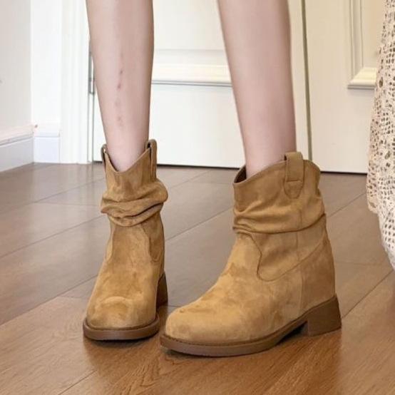 Pleated pile boots 2025 new thick heel absolute child foreign style versatile Maillard mid tube western boots thin boots women