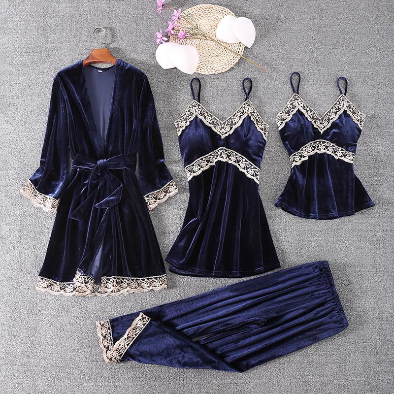1011 Golden Velvet Pajamas Homewear Four-piece Set, Suspender Pajamas Sexy Ladies Pajamas Autumn and Winter Warm Pajamas