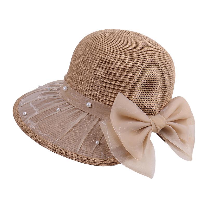 Summer large brim pearl decorative bow straw hat women's fashion outdoor travel vacation sun hat