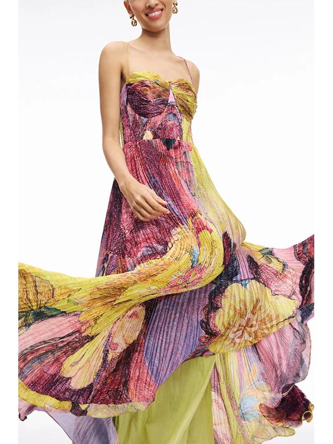 European and American Women's Spaghetti Strap Print Pleated Sleeveless Swing Dress (Plus Size Style 8162)