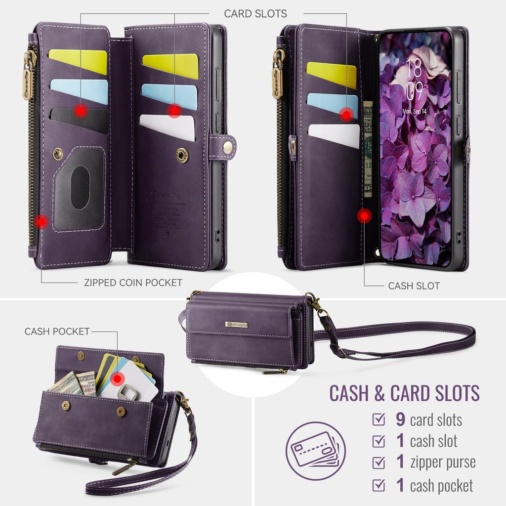 For Samsung Galaxy S26 Case CASEME C39 RFID Blocking Zipper Wallet Stand Leather Cover with Strap