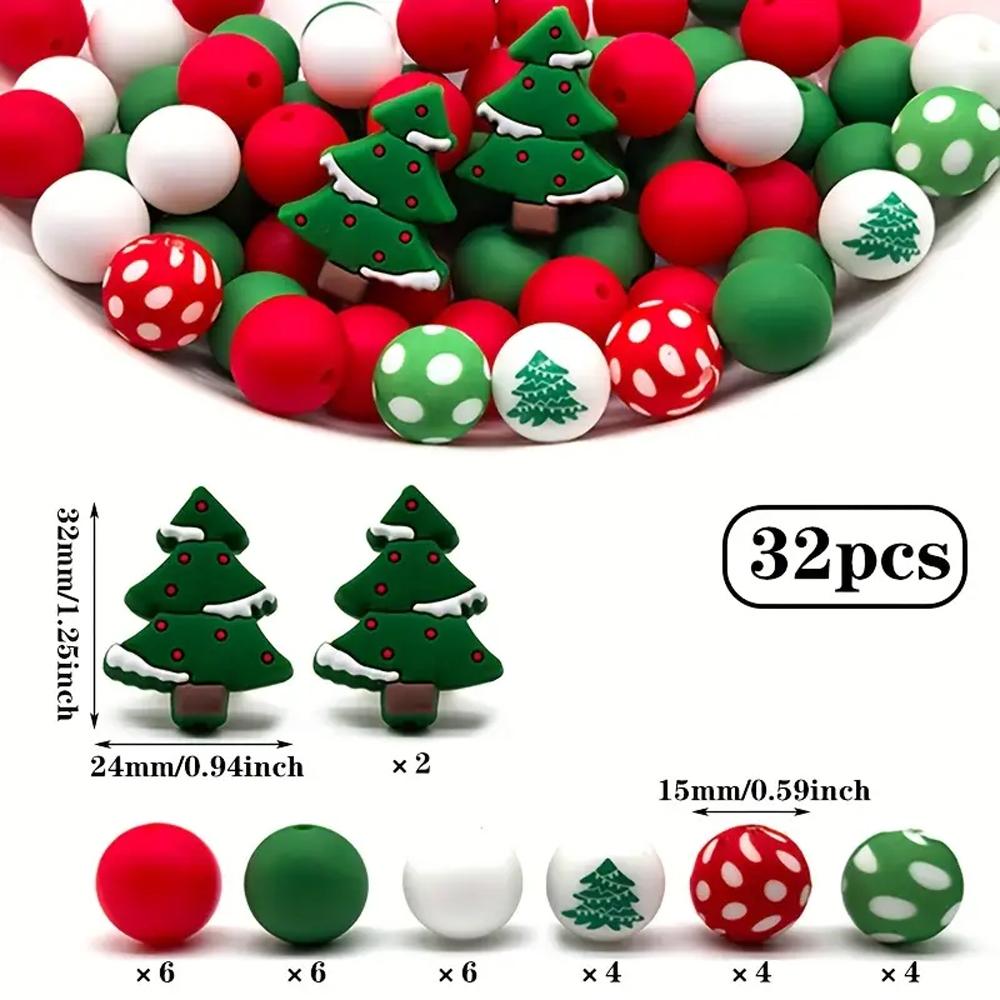 6/32PCS Multi-Size Christmas-Themed Silicone Beads Set, Perfect for DIY Crafting Keychains, Necklaces, Bracelets & More