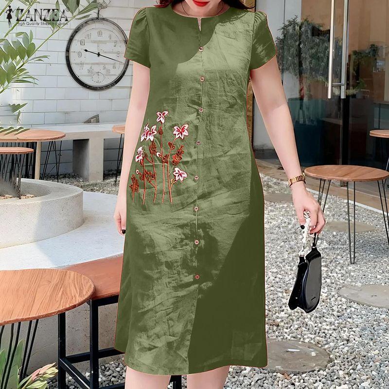 ZANZEA Women Casual Round Neck Short Sleeve Floral Print Dress