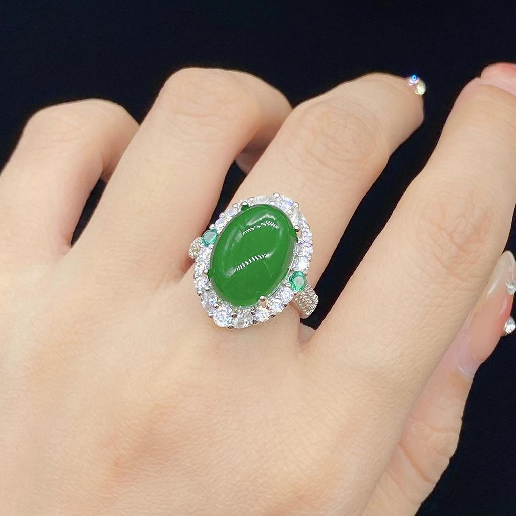 Bague ouverte tendance en jaspe calcédoine de glace naturelle simulée pour femmes avec diamants complets
