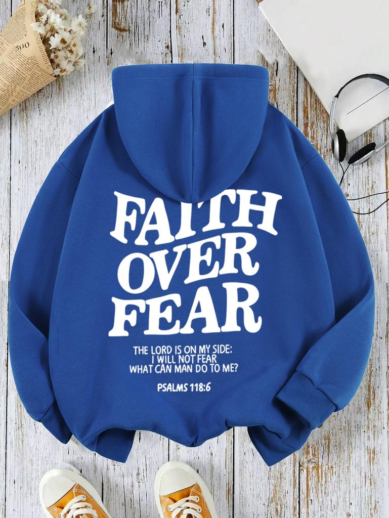 Casual Women's Hoodies Faith Over Fear Letter Printing Sweatshirts Fleece Warm Comfortable Pocket Pullovers Autumn Streetwear