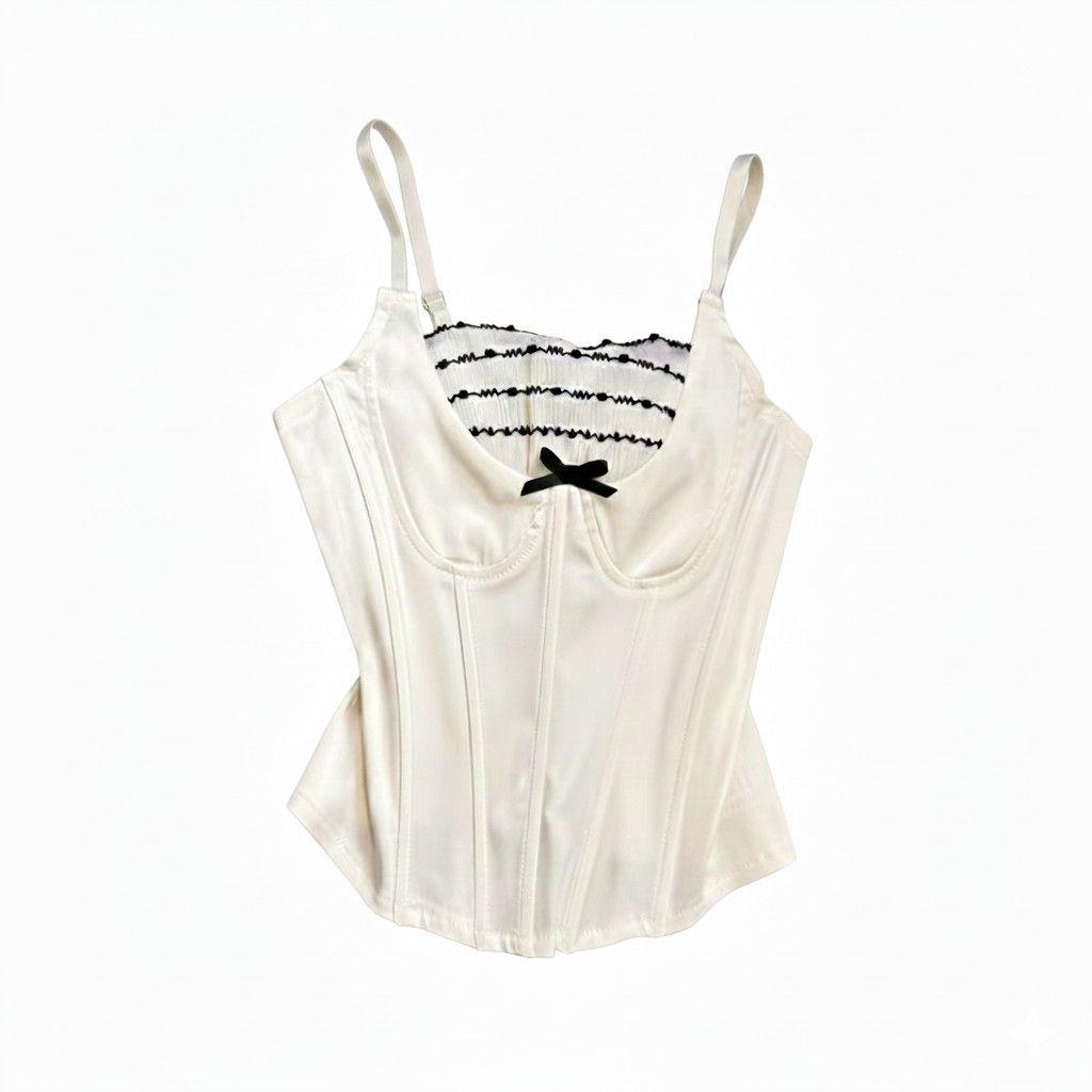 French High-End Lace Trim Bow Camisole Bra - Women's Slim Strap Sweet Design