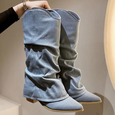 Cowboy Women High Boots Mid Heels Knee High Chelsea Boots Pointed Toe Chunky Fad Shoes Winter 2024 Trend Dress Mujer Zapatillas