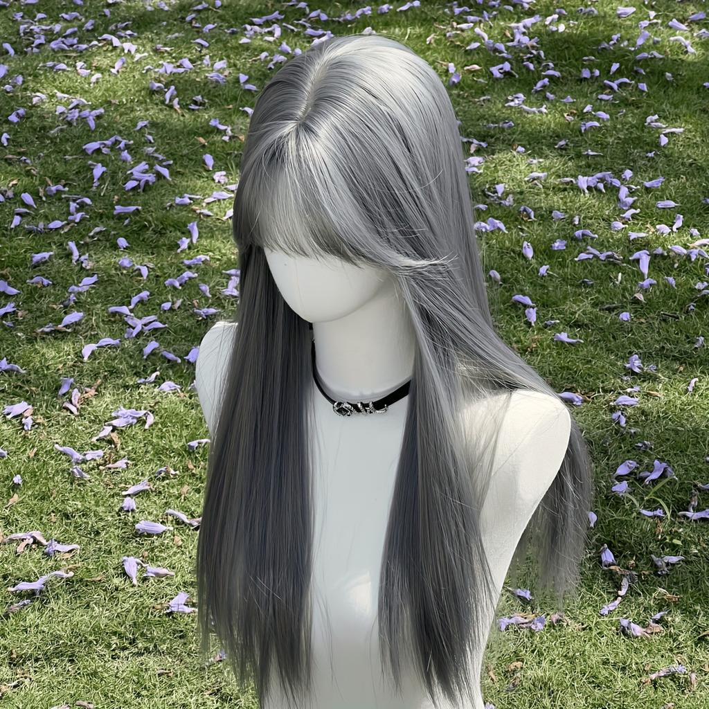 New Silver Gray Long Straight Hair Chemical Fiber Synthetic Wig Neat Bangs Matte Long Straight Hair Wig Women's Universal Wig