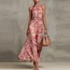 European and American cross-border 2026 women's clothing hip-wrapped mesh printing irregular split pleats sexy suspender dress long dress