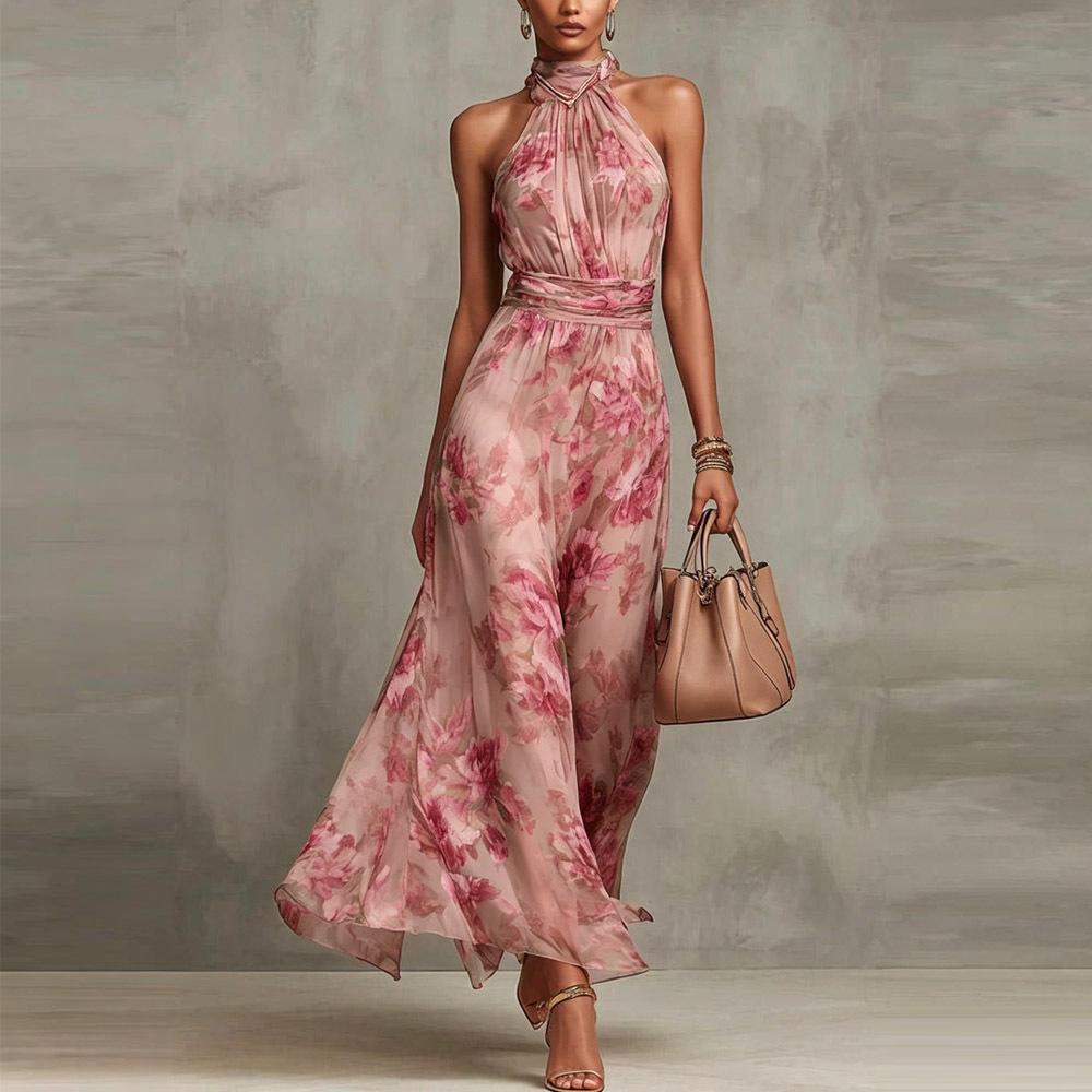 European and American cross-border 2026 women's clothing hip-wrapped mesh printing irregular split pleats sexy suspender dress long dress