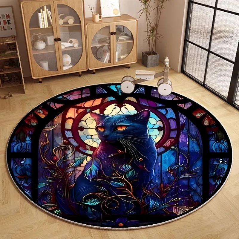 Moon Cat Round Rug Fantasy Floral Space Pattern Carpet Living Room Bedroom Kids Room Decorative Floor Mat
