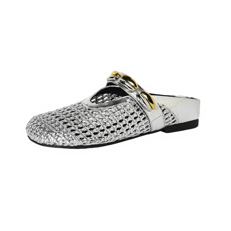 Fashion Women's New Genuine Leather Cowhide Middle Heel Woven Round Head Metal Belt Buckle Breathable Hole Baotou Mueller Slippers