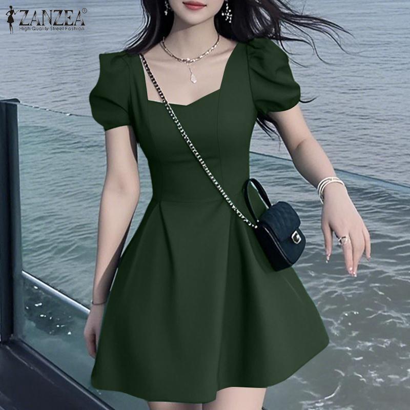 ZANZEA Summer Women Square Collar Short Sleeve Slim Waist Casual A-line Dress